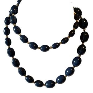 Monet Long Beaded Necklace Dark Blue Gold Tone